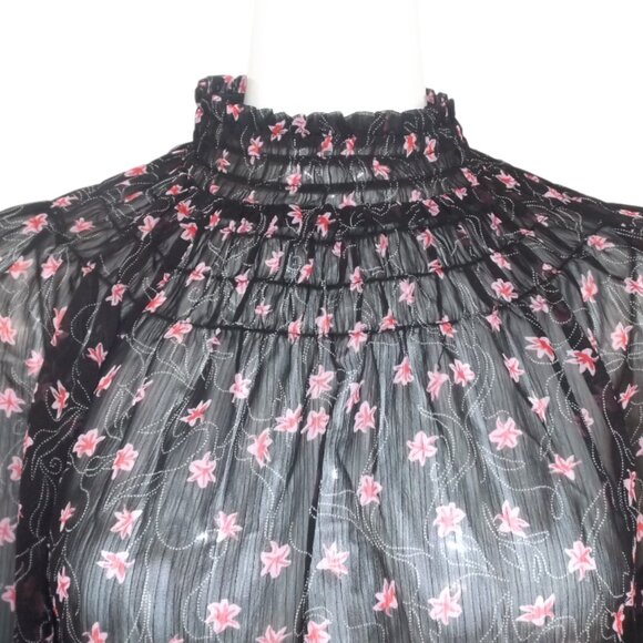 ELIZABETH & JAMES Blouse, L, Sheer Black/Pink Floral, Smocked Neck, Long sleeeve - Picture 2 of 12